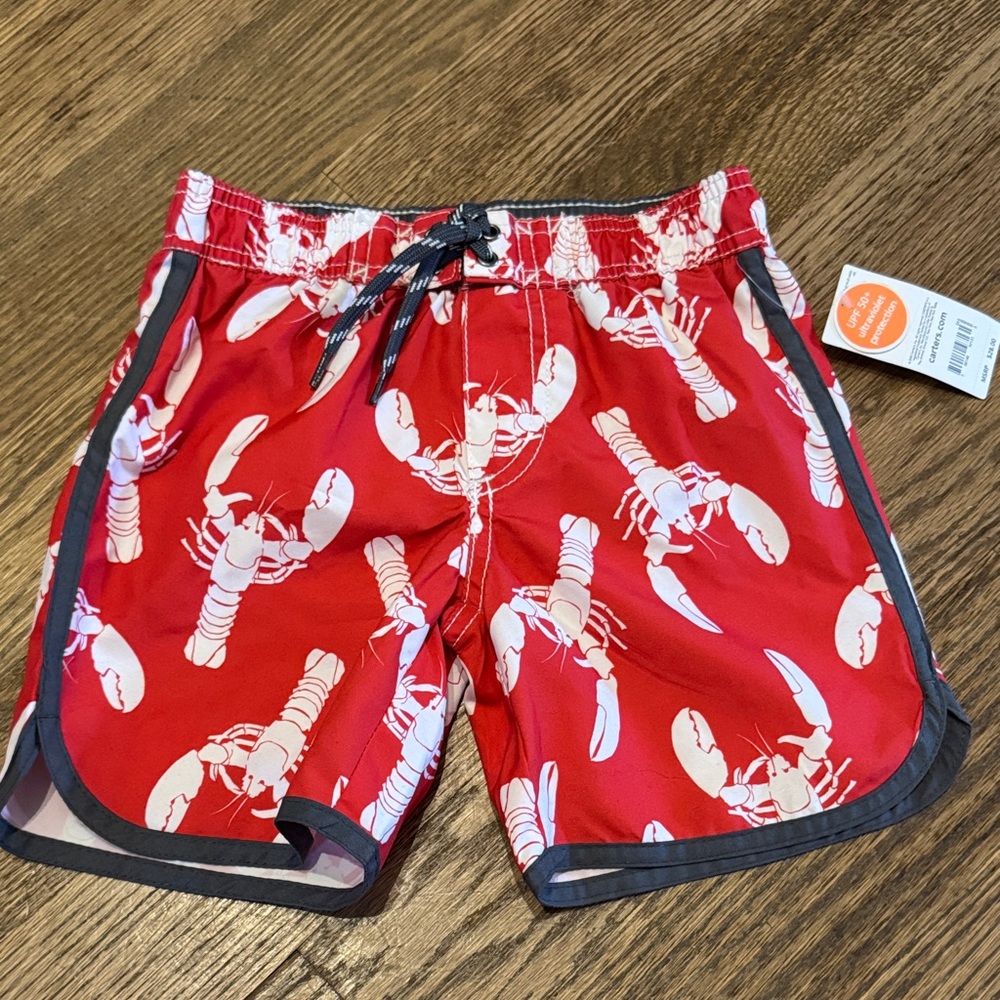 ✅ Carter's Red Swim Shorts with White Lobster Print and Dark Trim